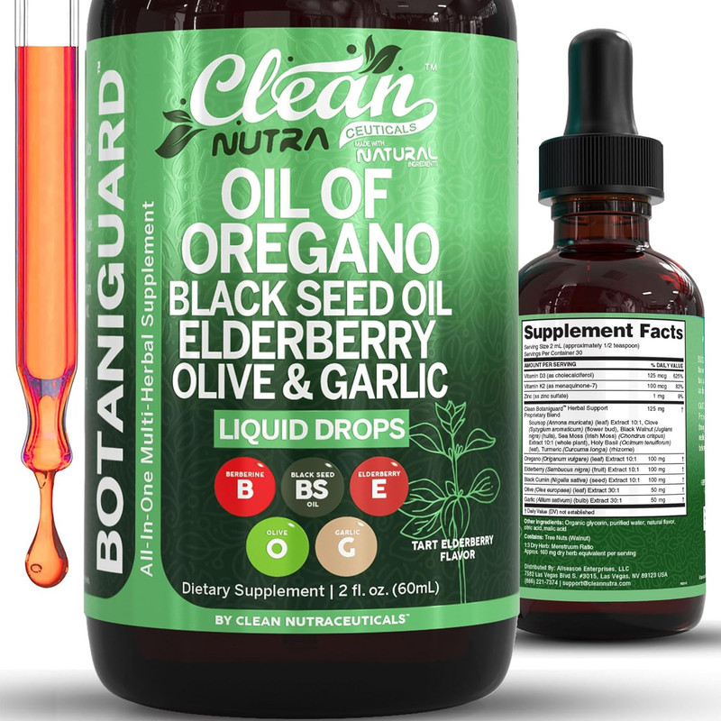Clean Nutra Oil of Oregano Drops with Elderberry Black Seed Oil D3 K2 2 Oz