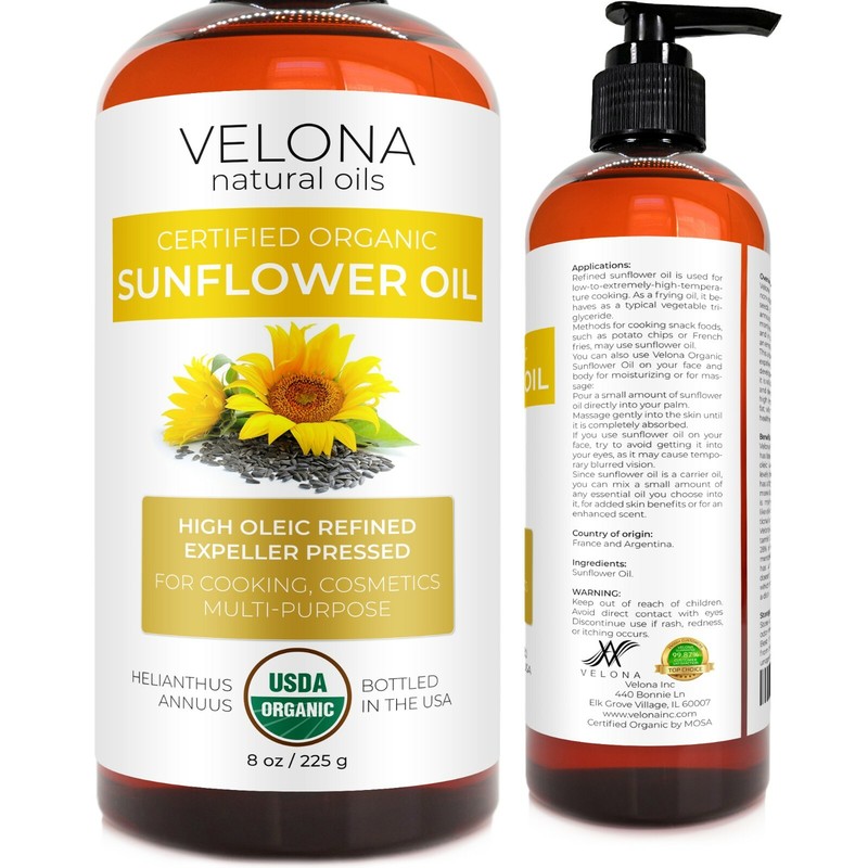 Velona USDA Certified Organic Sunflower Oil - 8 oz 100% Pure High Oleic Refined