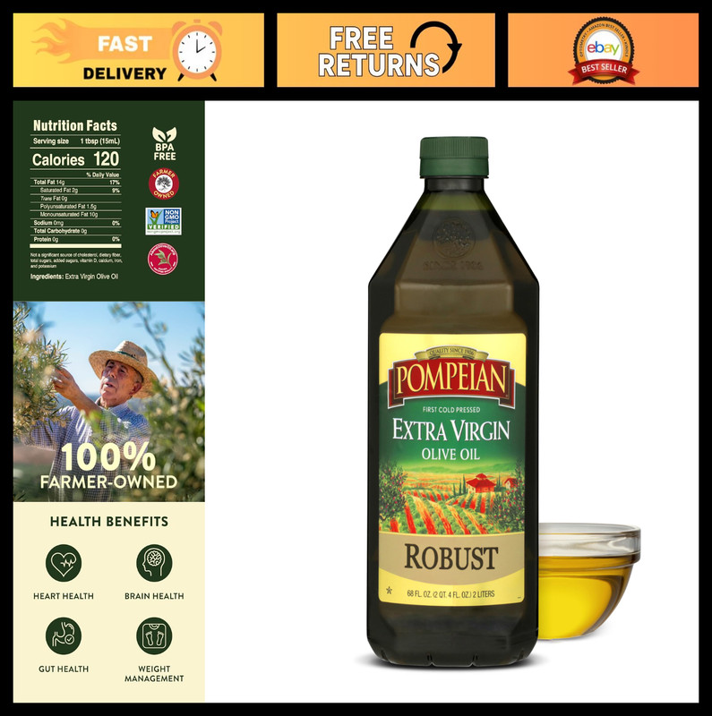 Robust Extra Virgin Olive Oil – First Cold Pressed, Polyphenol Rich, 68 Fl Oz