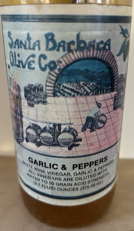 SANTA BARBARA OLIVE CO. GARLIC & PEPPERS VINEGAR 50 GRAIN ACID STRENGTH UNOPENED