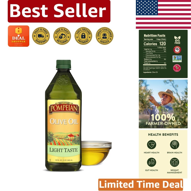 Light Taste Olive Oil, Cold Pressed, 32 Fl Oz – Perfect for High Heat Cooking