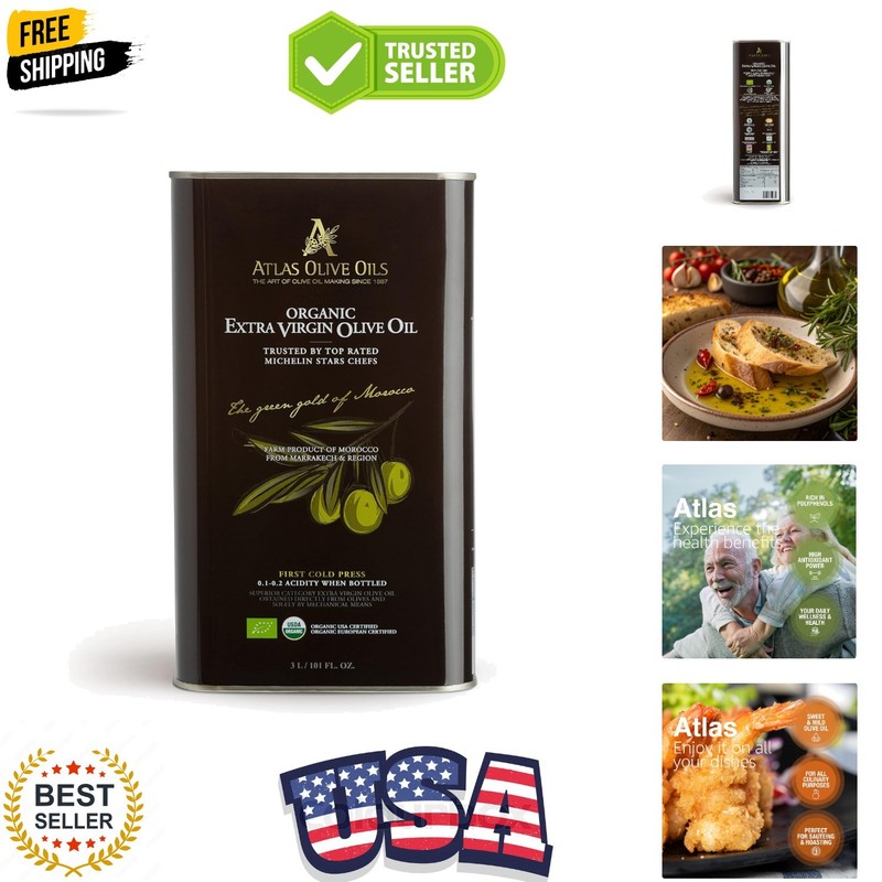 Atlas 3 LT Organic Cold Press Extra Virgin Olive Oil with Polyphenol Rich fro…