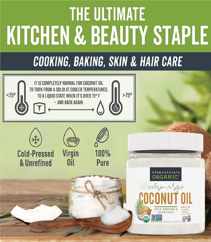 Viva Naturals Organic Coconut Oil, 16 fl oz – Unrefined, Cold-Pressed Extra Virg gallery