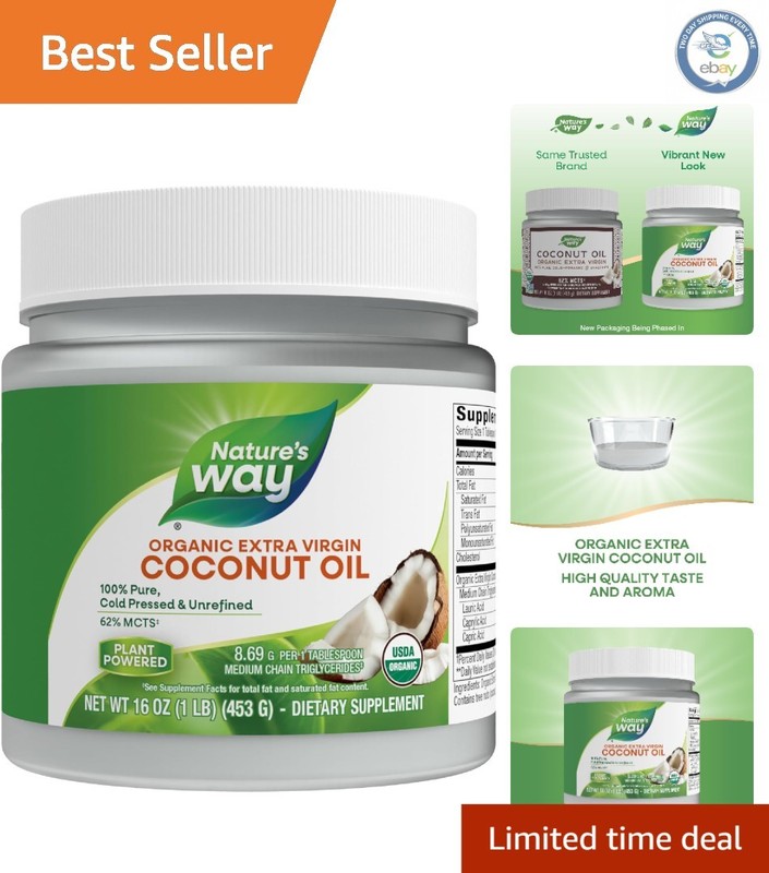 16 Oz Organic Extra Virgin Coconut Oil – Cold-Pressed, 62% MCT for Energy Boost