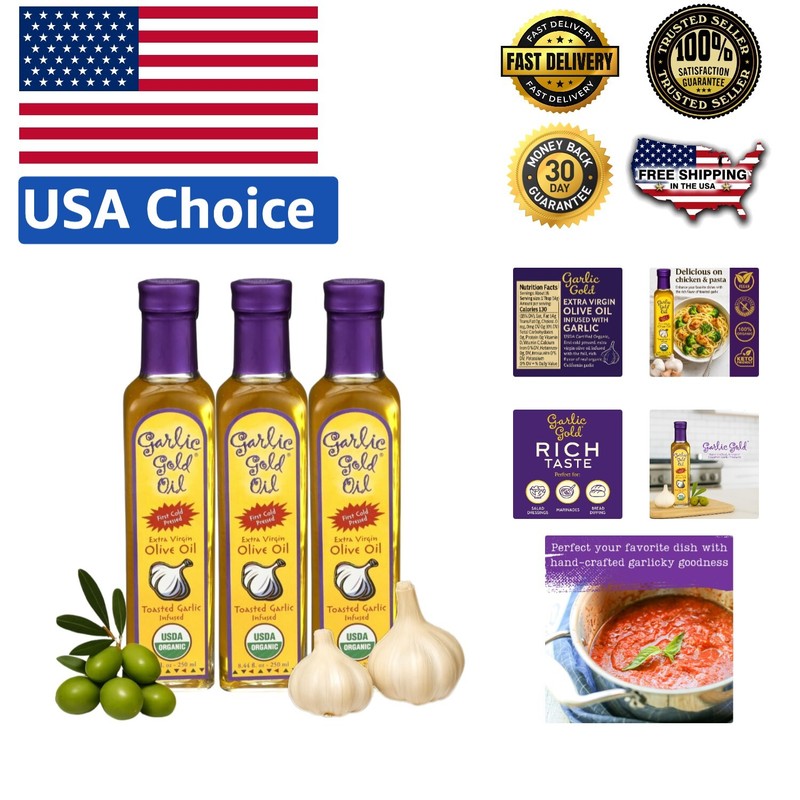 Artisanal Garlic Infused Extra Virgin Olive Oil – 3 Pack, USDA Organic, 250 mL