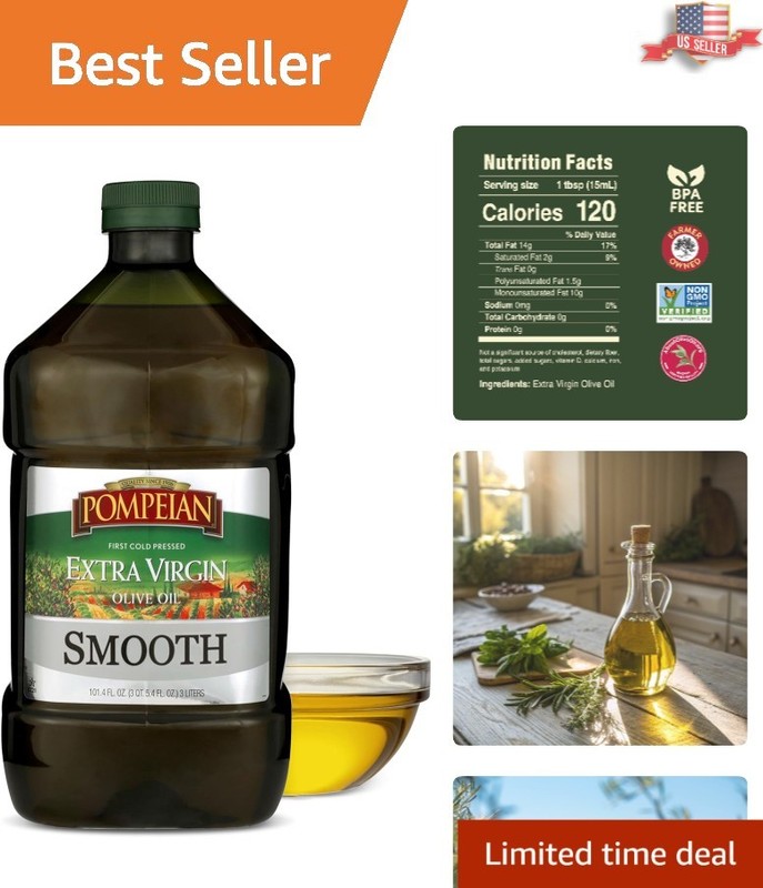 Smooth Extra Virgin Olive Oil with Polyphenols – 101 Oz for Healthier Cooking