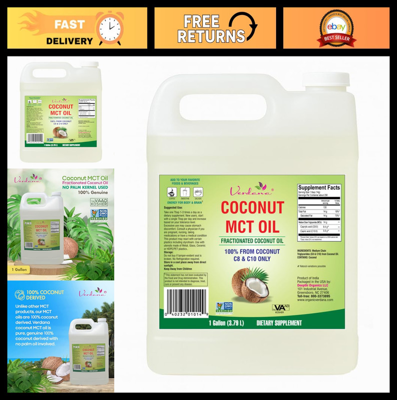 Verdana Fractionated MCT Oil from Coconut 1 Gallon Kosher Vegan Non-GMO