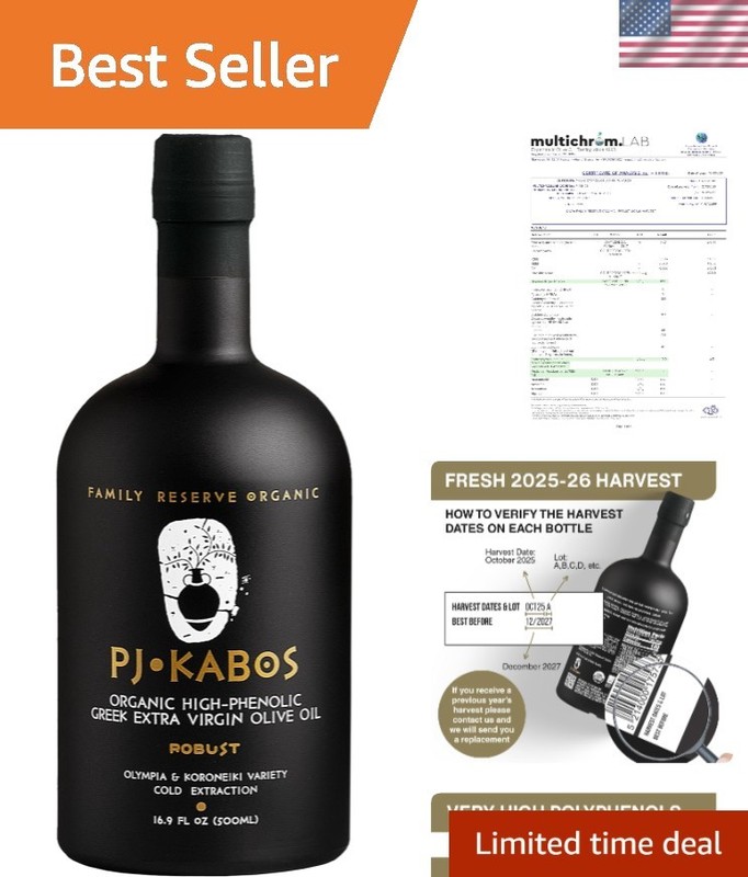 PJ KABOS Very High Phenolic 699 mg/kg, USDA Organic Greek Extra Virgin Olive …