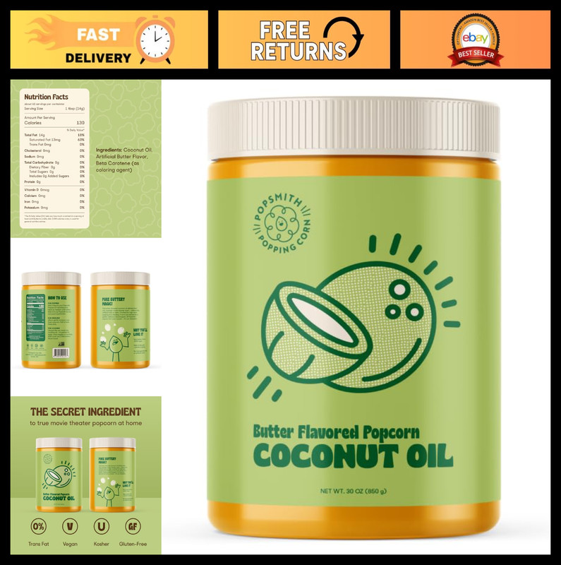 30oz Coconut Oil for Popcorn – Butter Flavor, Vegan, Gluten Free, Zero Trans Fat