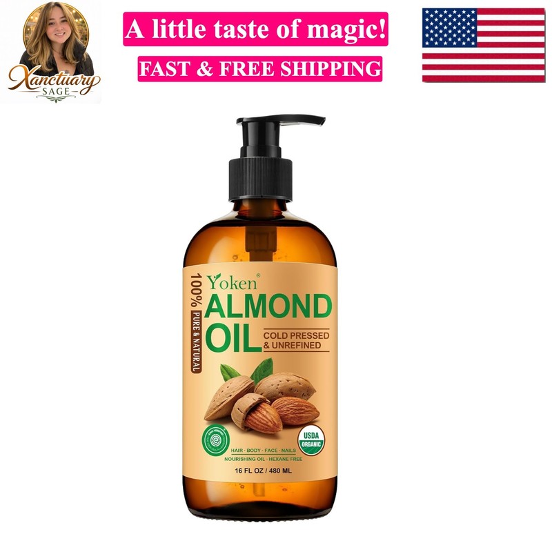 Organic Almond Oil 16 fl oz, USDA 100% Pure Cold Pressed Almond Oils in Glass…