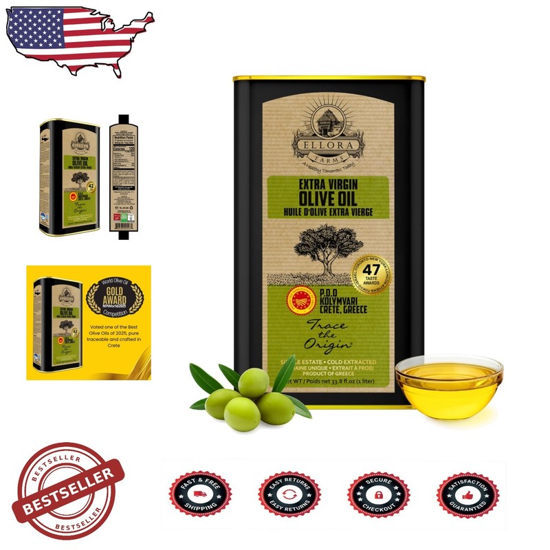 Global Gold Award EVOO: Cold Pressed Extra Virgin Olive Oil, Fruity, 1L