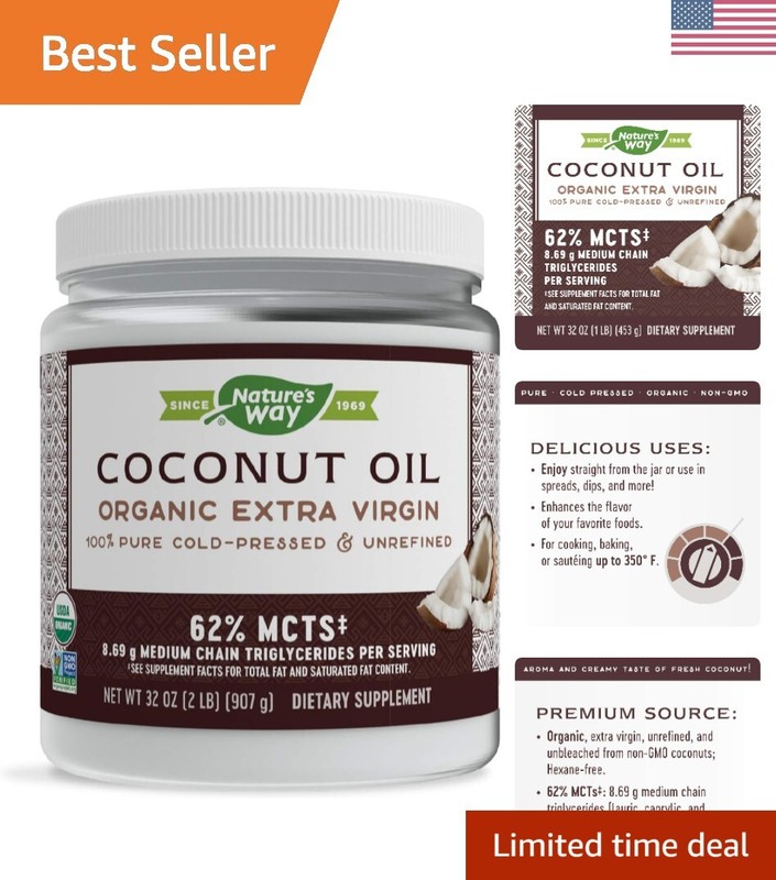Unrefined Extra Virgin Coconut Oil with 62% MCTs - 32 Oz. for Cooking & Baking