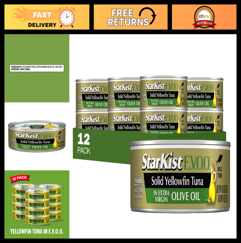 Solid Yellowfin Tuna in Extra Virgin Olive Oil – 4.5 oz Can, Pack of 12, High Pr